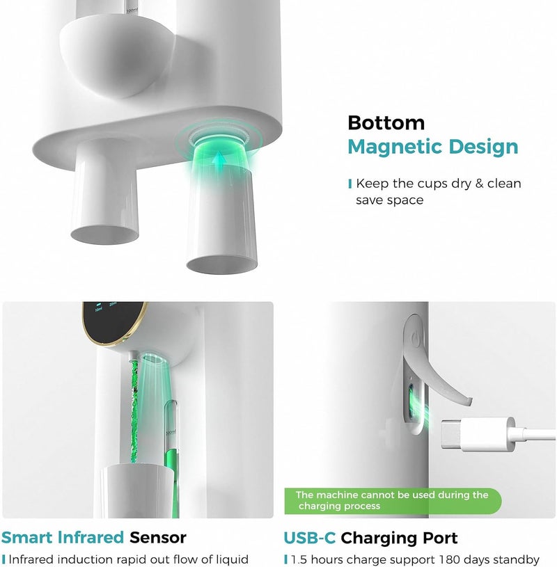 oylik Automatic Mouthwash Dispenser 18.26 oz Touchless Mouthwash Dispenser for Bathroom 2 Magnetic Cup USB Rechargeable and 3 Dispensing Levels with Led Screen Wall-Mounted or Countertop Use-White - Image 3